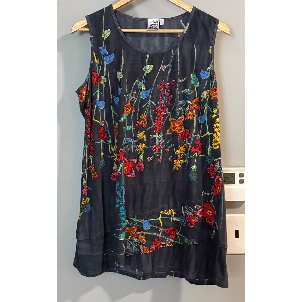 Parsley & Sage Tunic Top Women XL Grey Floral Asymmetrical Tiered Sleeveless